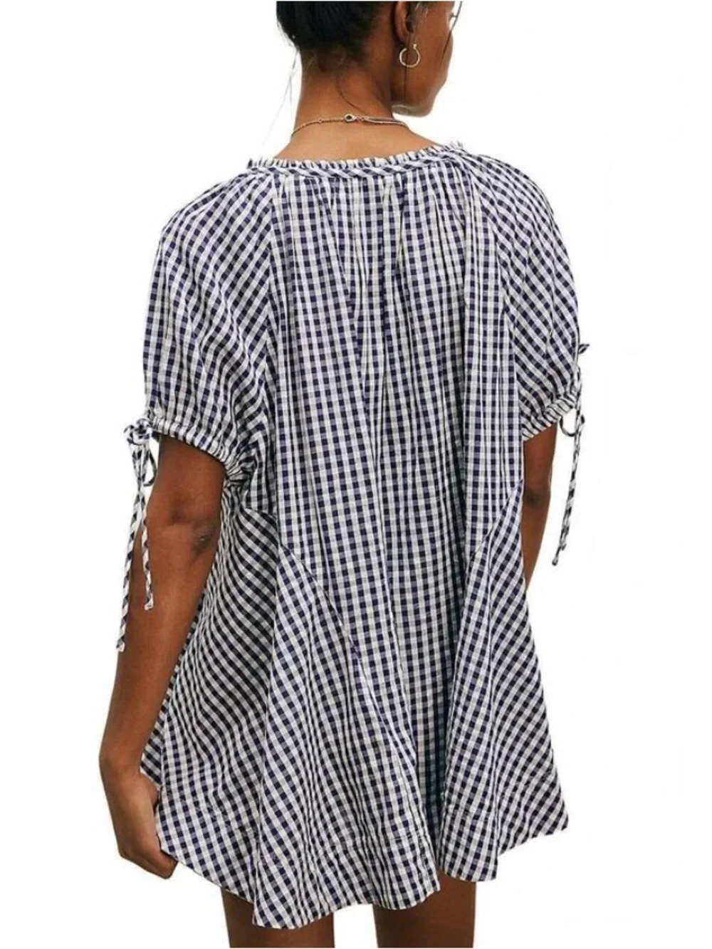 Free People Size XL Navy & White Gingham Tie-Sleeve Peasant Blouse NWT